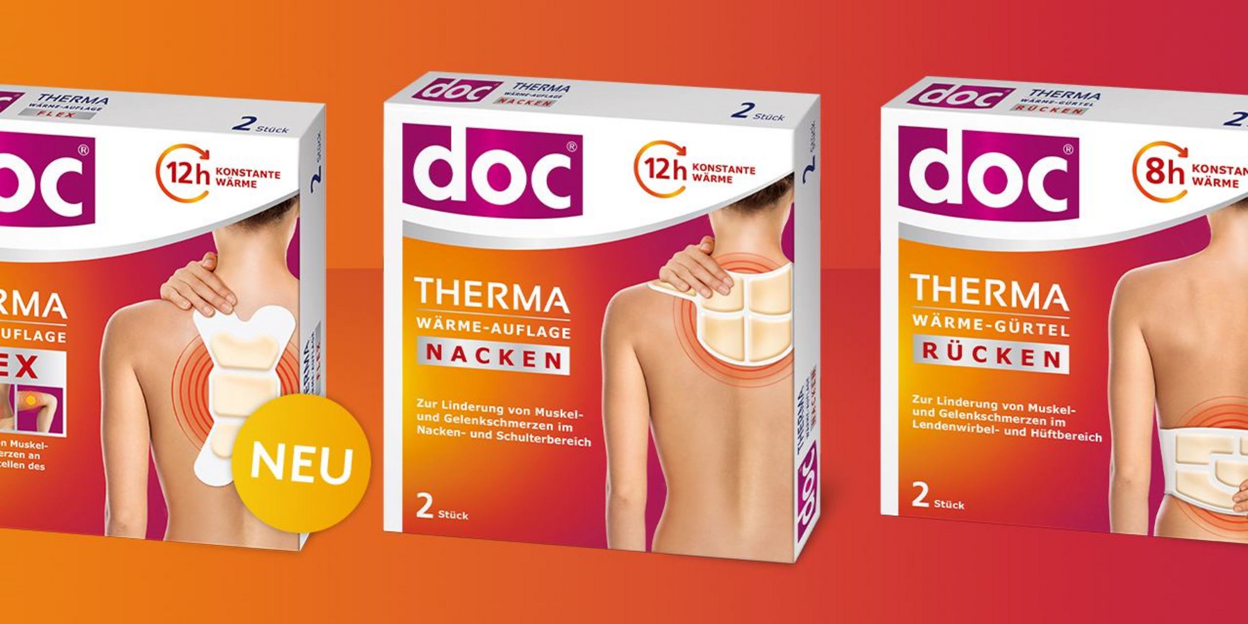 Stagebild von Packshots der doc® Therma Wärme-Gürtel und Auflagen 2 Stück